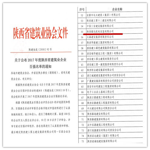 陜煤建設(shè)機(jī)電安裝公司再次闖入陜西省建筑業(yè)百強(qiáng)企業(yè)